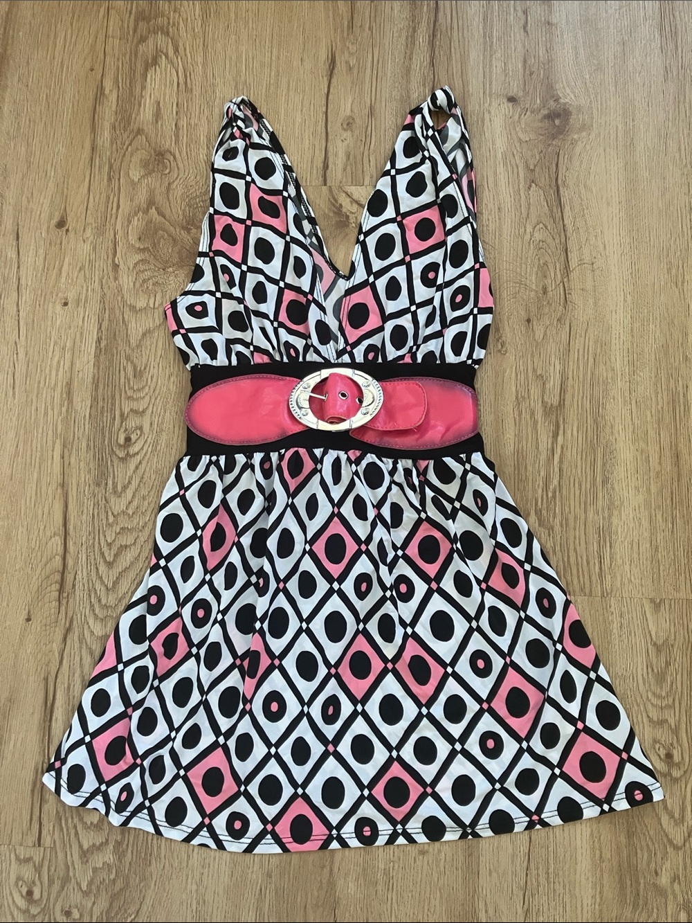 Y2k Charlotte Russe Pink, Black and White Geo Print Babydoll Tank with Belt